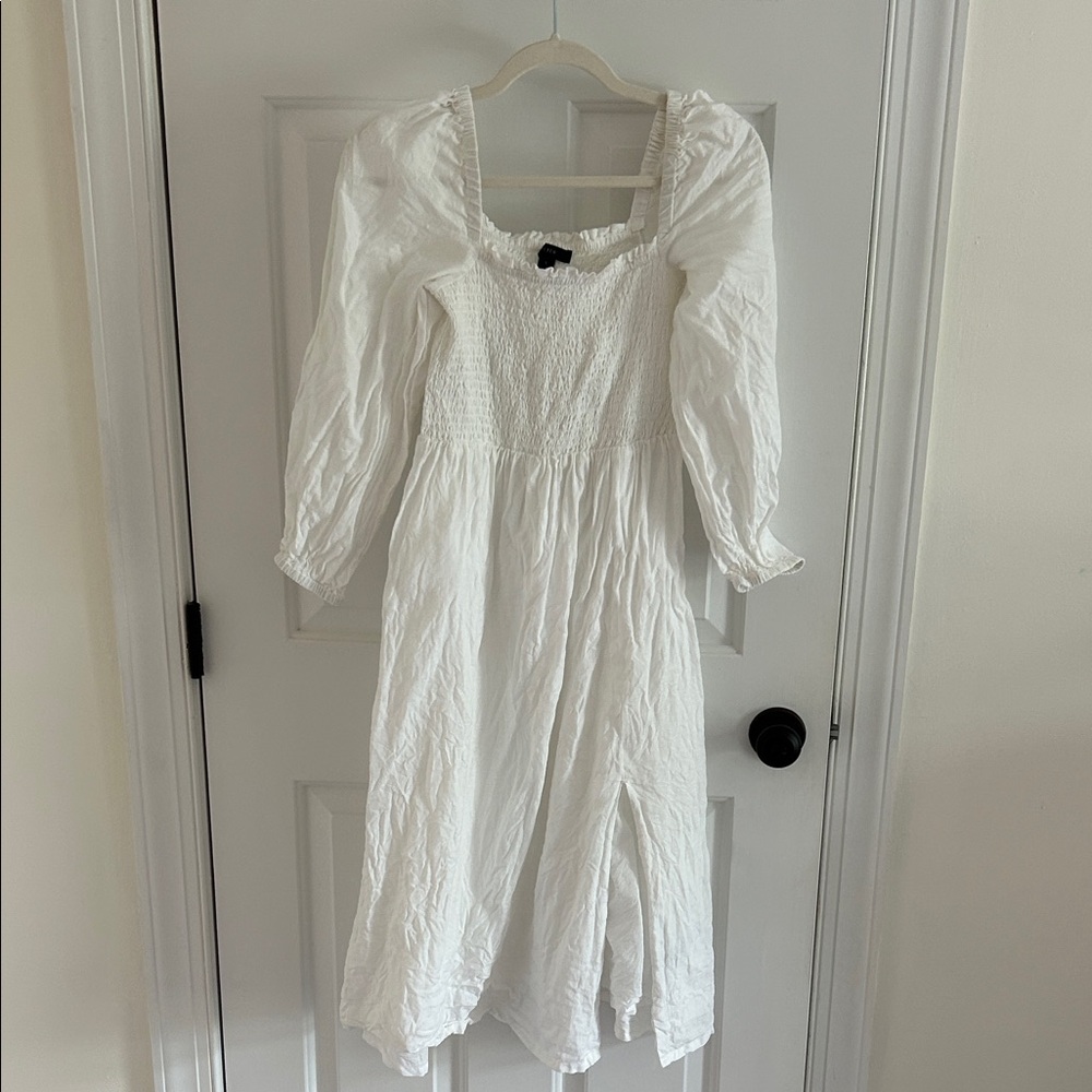 J crew linen White Smocked Midi Dress with Puff Sleeves